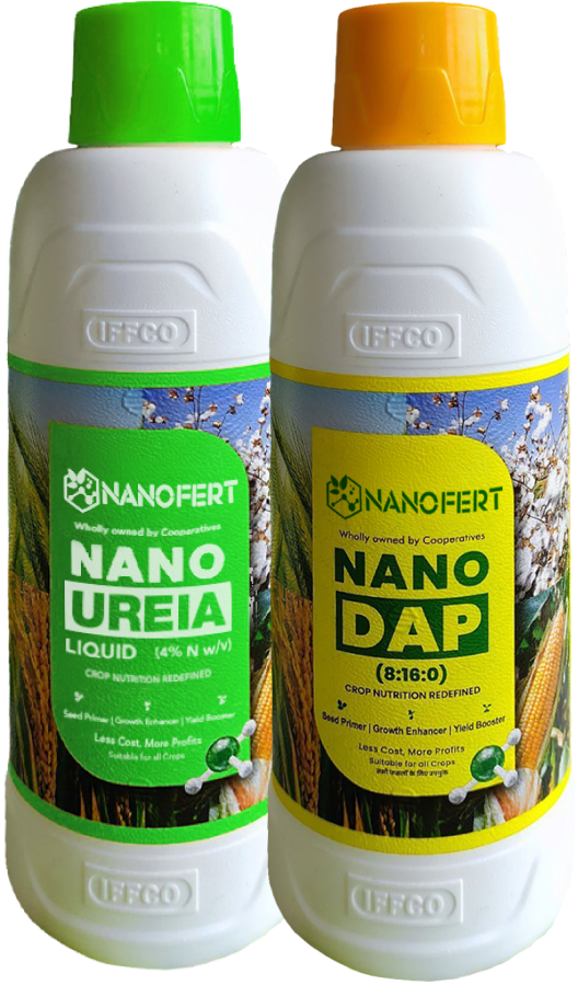 Imagem ilustrativa das garrafas de Nano-ureia e Nano-DAP